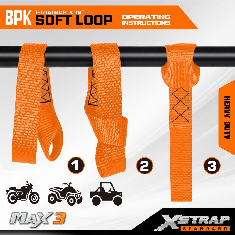 XSTRAP STANDARD Soft Loop Tie-Down Straps 8PK 1-1/16 x 18 inches - 3600LB Breaking Strength, Loops for Securing Trailering of Bikes, ATV, UTV, Motorcycles, Scooters, Dirt Bikes, Lawn Equipment, Orange - Image 5